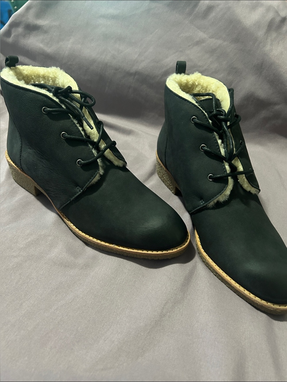 Women’s Black Faux-Shearling Lace-Up Ankle Boots, Size 8